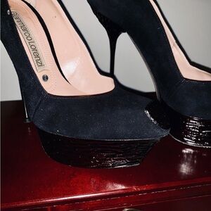 Gianmarco Lorenzi Black Suede Platform Peep-Toe Stiletto Heels
